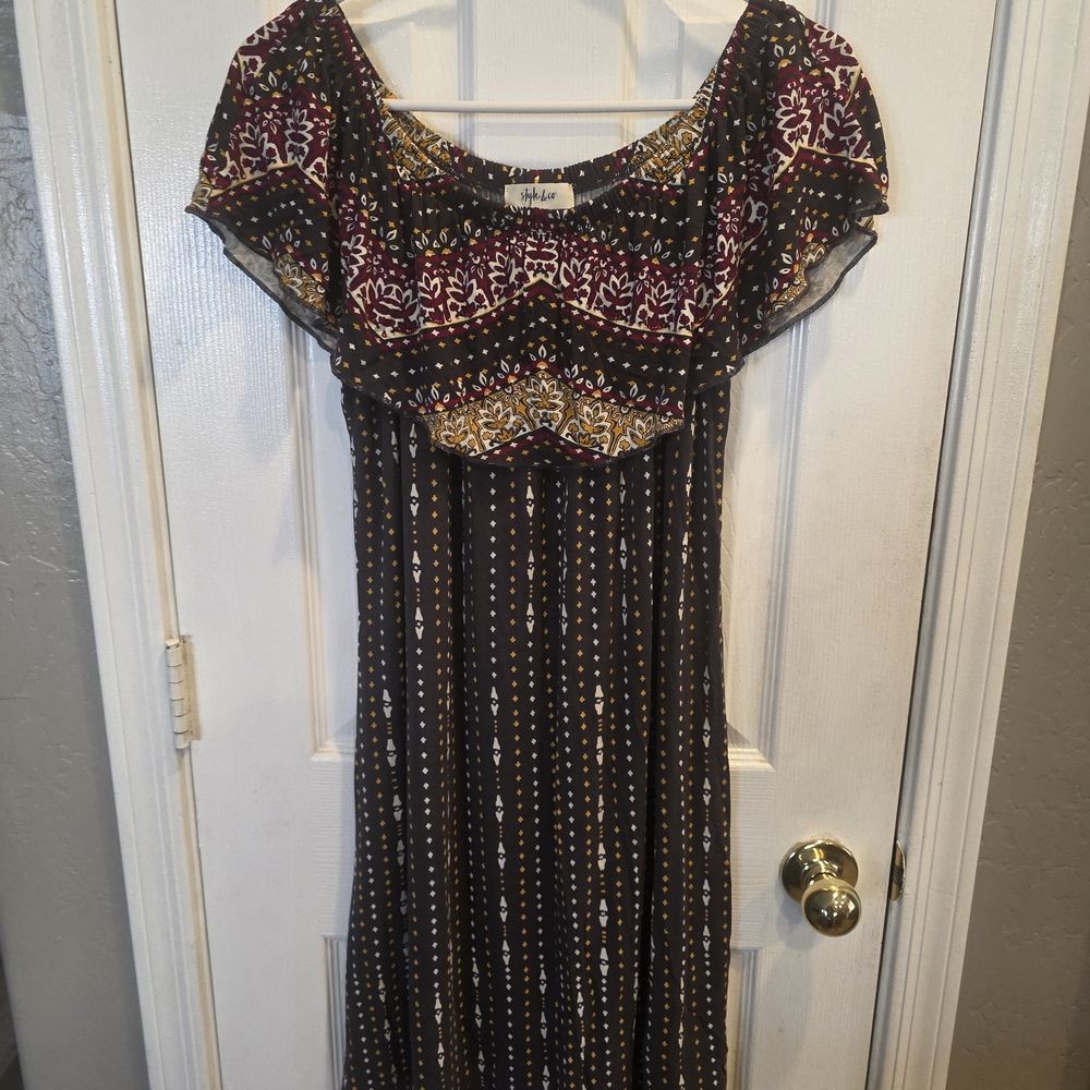 Style & Co. Black Midi Dress with Burgundy and Mustard Accents